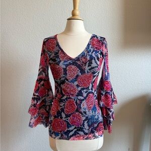 Jean Paul Gaultier | Fuzzi floral bell sleeve mesh top